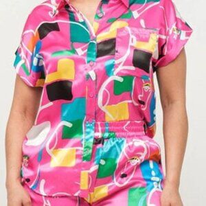 Satin print button down top, shorts set